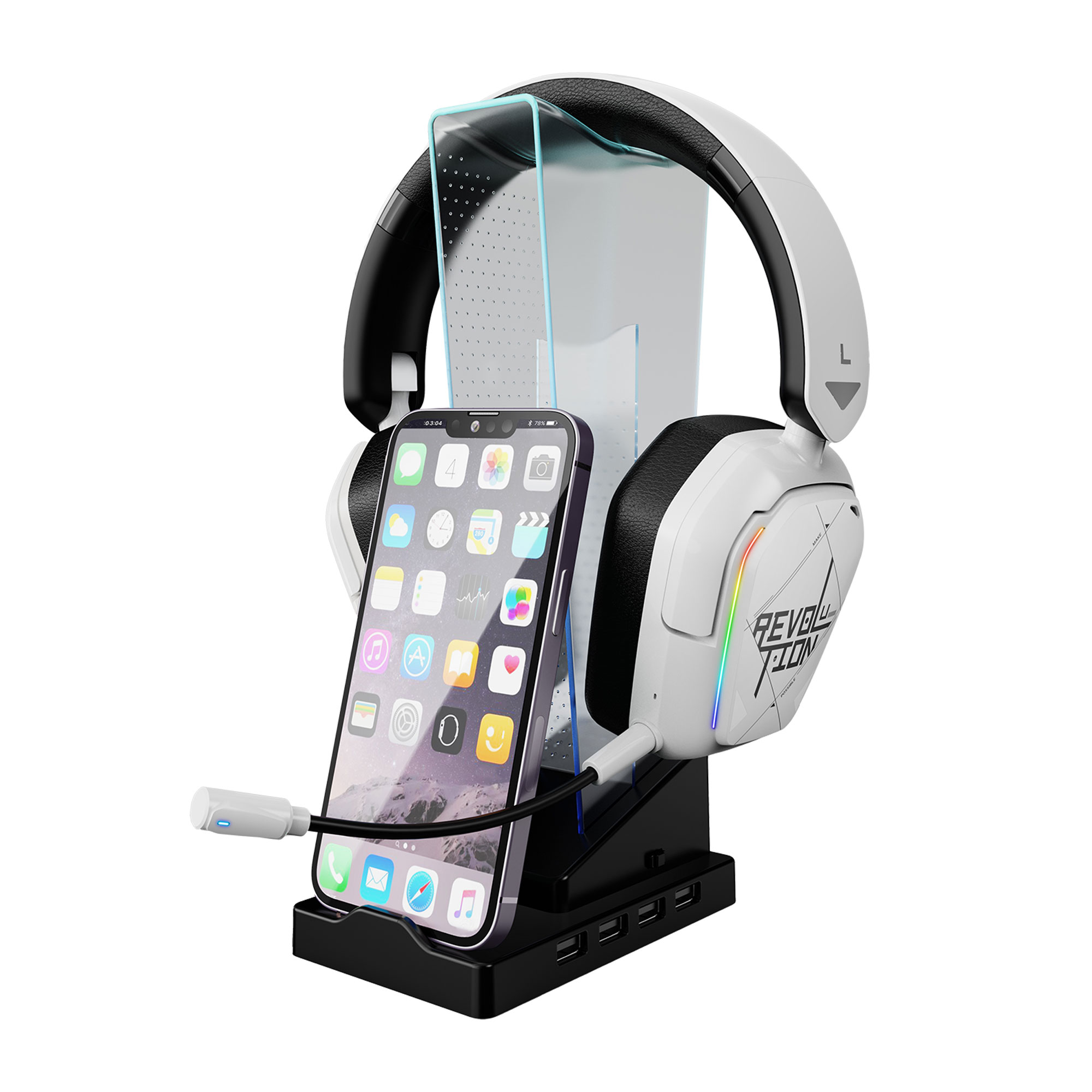 ME HT-09 HEADSET STAND & PHONE STAND WITH 4 USB PORT AND LED LIGHT